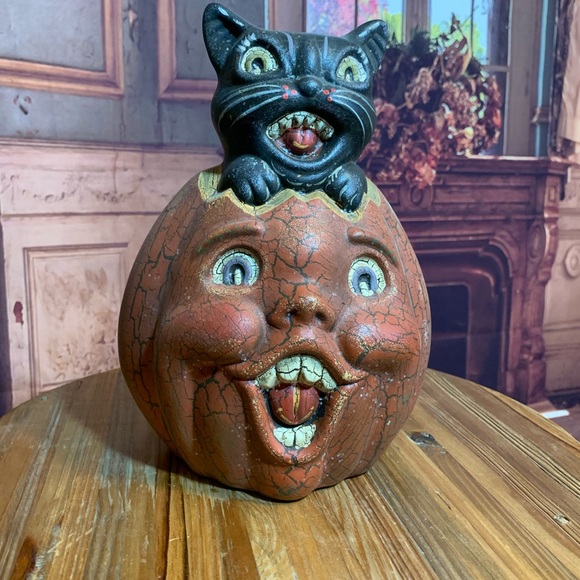 Halloween Cat Pumpkin Vintage Retro Crackle Paint Decor Party Decoration Rare - Picture 5 of 11